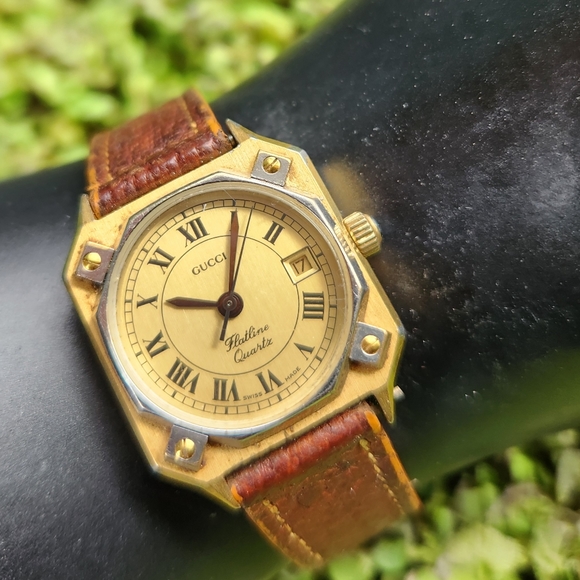 80s GUCCI Wrist Clock Roman Numeral Brown Leather Band Silver Gold Octagon Watch - Picture 1 of 16